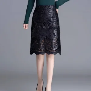2025 F/W Women's Luxury Fashion Laser Embroidery Hollow Lace Leather High Waist Hip Skirt Mid-length Slim One-step Short Skirt