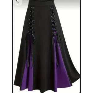 Womens Gothic Black & Purple Lace Up Panel A Line Flared Skirt